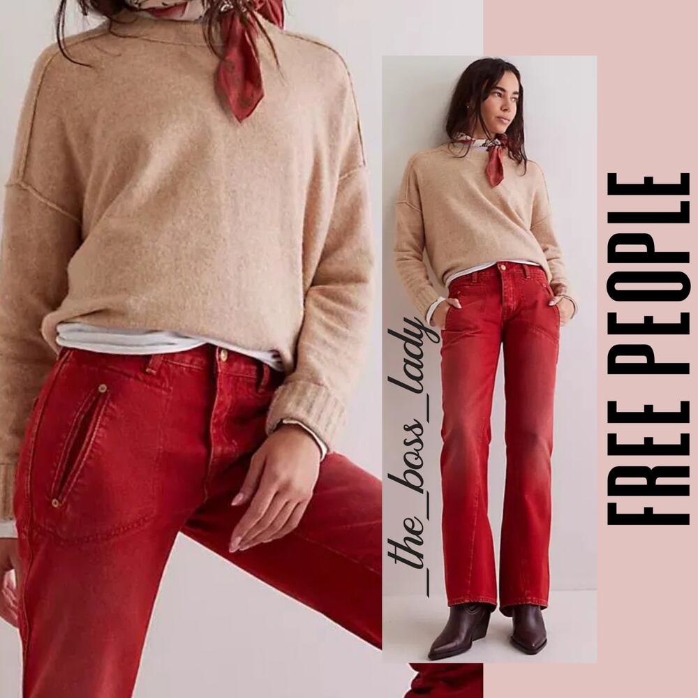 Free People Straight Leg Red High-Rise Jeans